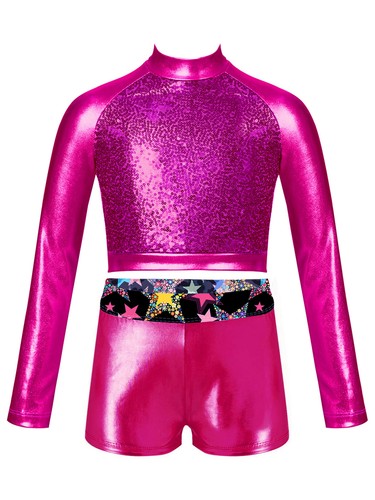Kids Girls Dance Set Performance Crop Top With Shorts Mock Neck Dancewear - Picture 32 of 53