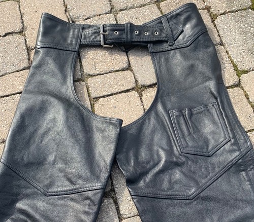 Hudson Genuine Leather Motorcycle Biker Moto BLACK Chaps Pants Size UNISEX XL - Bild 2 von 8