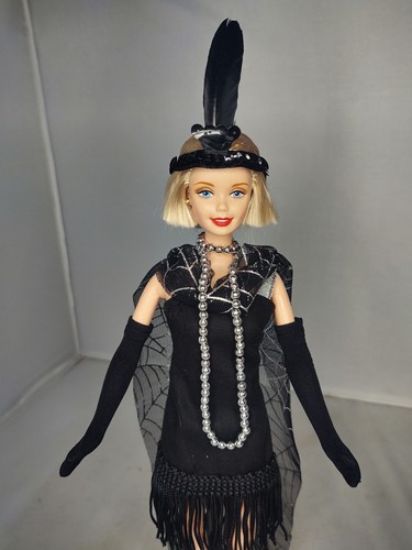 OOAK Halloween Fashion Doll wearing 1920s Flapper Costume Black Spider Web Dress - Picture 13 of 14