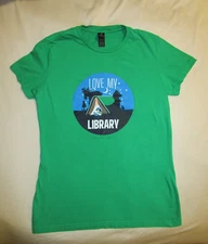 CLSP Love My Library Book Tent Tee - Green, S/M Women's, Summer Reading T-Shirt
