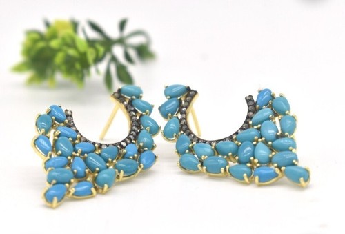 Natural Pave Diamond 925 Sterling Silver Turquoise Gemstone Designer Earring - Picture 10 of 12