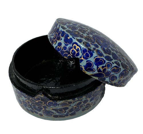 Vintage PAPER MACHE Lacquered Teal COBALT Gold Trinket Box, HAND PAINTED~India - Picture 2 of 6