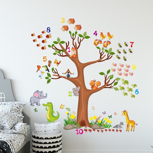Wall Decal Wall Sticker Animals Tree Number Nursery Baby Room Playroom Decor - Picture 2 of 6