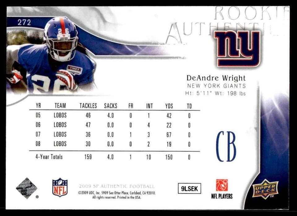 2009 SP Authentic DeAndre Wright Rookie 283/999 New York Giants #272 R36 - Image 2 of 2