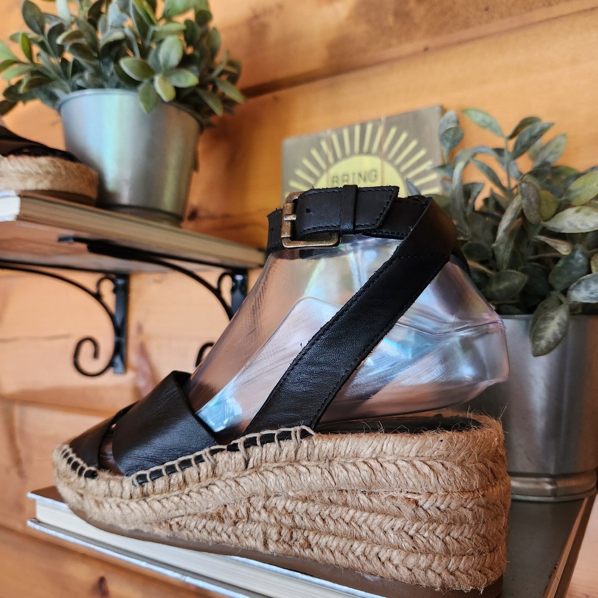 Nine West Edwisha Espadrilles Wedge Platform Sandals Black Leather Shoe Sz 6.5 M eBay