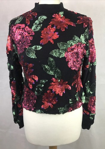 Top elástico delgado elástico delgado con lentejuelas negras rojas malla floral manga larga UK8 - Imagen 3 de 12