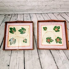 2 13x13 Inch Square Tiles Serving Trays Leaves Leaf Wood Frame Handles Polka Dot