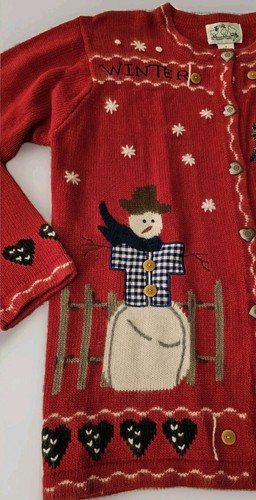 QUAKER FACTORY Navidad Invierno Muñeco de Nieve Cárdigan Suéter Feo Pequeño Rojo Vacaciones - Imagen 3 de 10