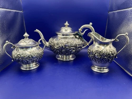 S Kirk & Son Sterling Silver Repousse Tea Set 3pc Teapot Sugar Creamer 1136g