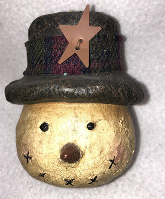 Paper Mache Style Snowman Head w Hat Folk Art Primitive Rustic Christmas Decor