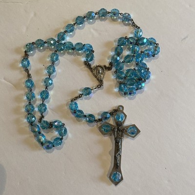 Vintage Sea Blue Crystal Rosary Virgin Mary Center Unique Crucifix Italy