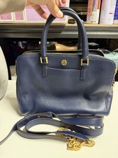 Tory Burch Blue Satchel Top Handle Bag Gold Hardware Logo Accent Double Zipper