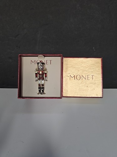 Vintage goldfarbene MONET Strass Weihnachten Nussknacker Soldat Brosche Anstecknadel
