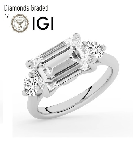 Emerald Solitaire Labgrown Diamond Trilogy Ring Platinum 3.60 Ct F VVS2 - Picture 1 of 24