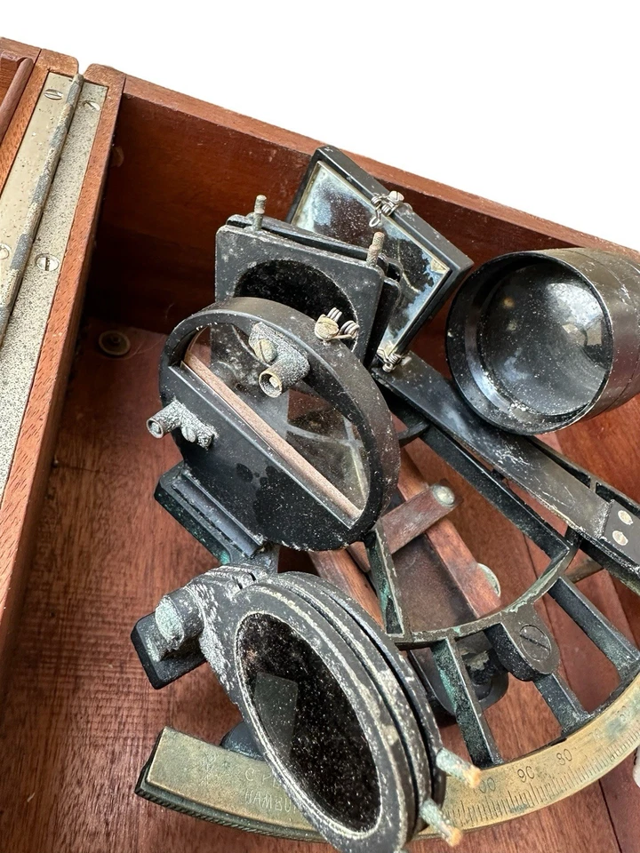 Caja de madera vintage C. Plath Hamburgo sextante años 50 Alemania 28941 marítimo Foto 3 de 4