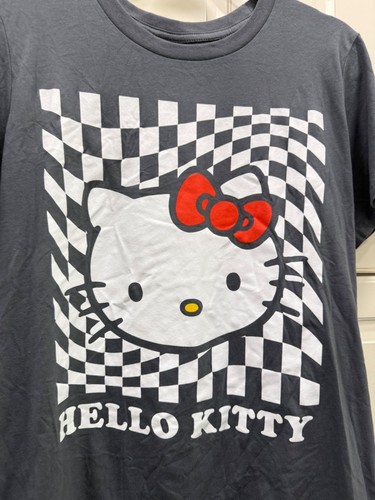 Hello Kitty Checkered Graphic Tee Charcoal Gray Racing Style Soft Large T Shirt - Picture 2 of 4