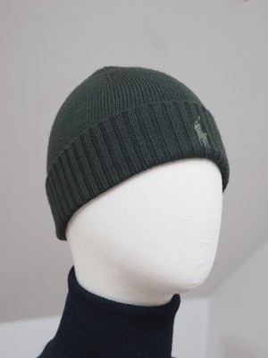 Polo Ralph Lauren Men's Dark Green Wool Ribbed Knit Beanie Hat