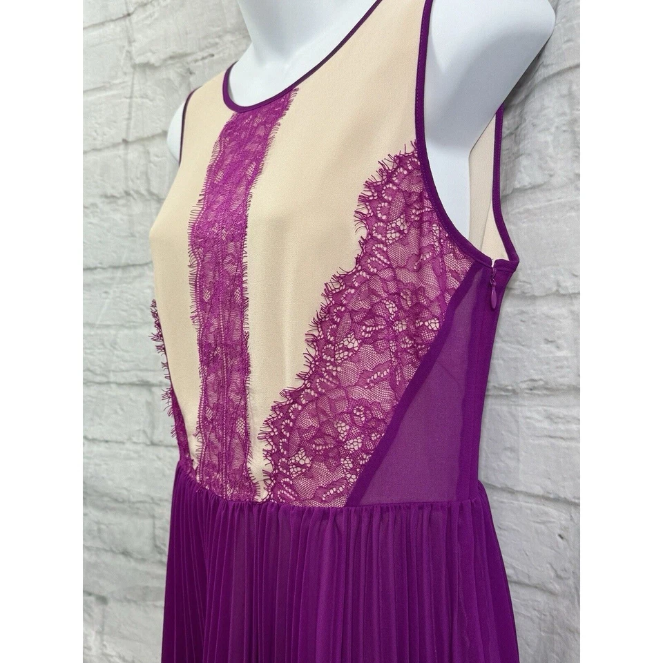Oasis Shift Dress Party Purple Beige Sz 10 Pleated Skirt Fairycore Chiffon Lace - Image 4 of 4
