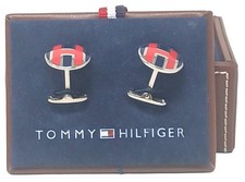 Tommy Hilfiger Cufflinks Oval Logo Red Blue H Design with Box VIntage #J-7