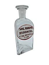 +ANTIQUE+ Morphine bottle / apothecary jar  / clear glass / enamel label c1890