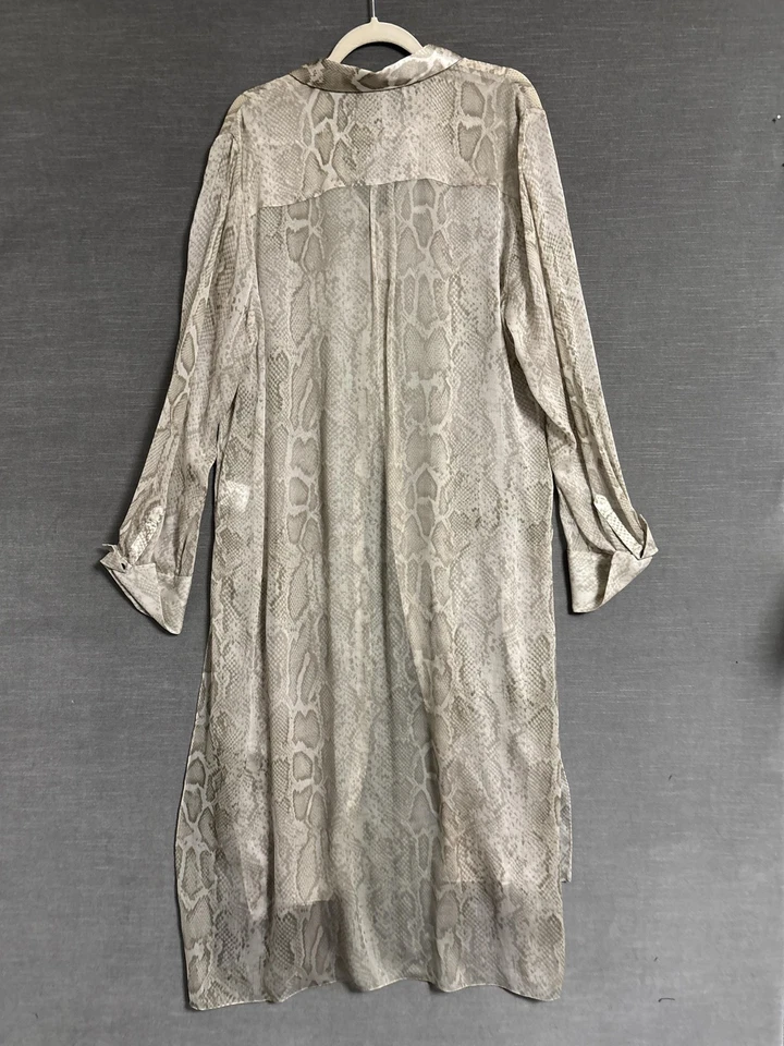 Elie Tahari Top XL Beige Snakeskin Animal Print Silk Sheer Tunic Long Button - Image 2 of 4