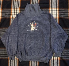 VTG Art Unlimited Fleece Turtleneck Sweater Christmas Winter Snowman Sz XL Blue