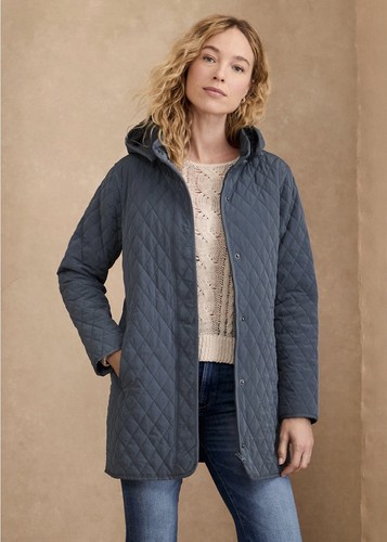 Garnet Hill Essential Steppmantel Med Kapuzenjacke Full Zip Knöpfe Blau Damen