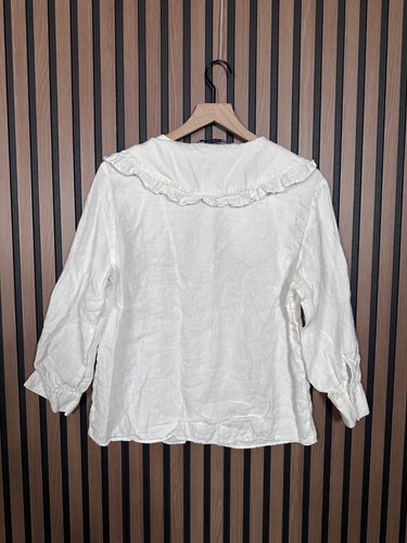Zara Shirt Small Womens White Poplin 100% Linen Long Sleeve Button Top - Picture 2 of 7