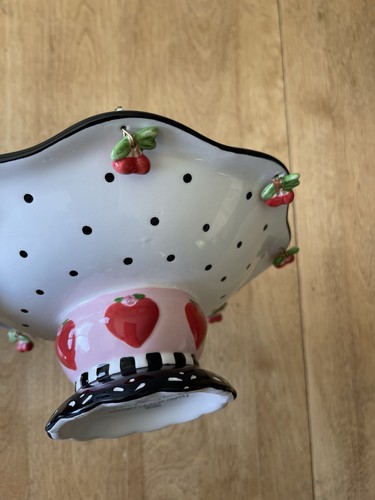 Mary Engelbreit Pink & Black Ceramic Pedestal Bowl With Cherry Accents 2001 - Picture 8 of 18