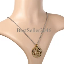 Mens Pentacle Pentagram Crescent Moon Necklace Stainless Steel Pendant Chain 22"