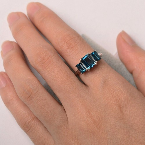 Anillo de topacio azul natural de Londres 925 plata esterlina 3 anillo de piedra corte esmeralda - Imagen 2 de 6