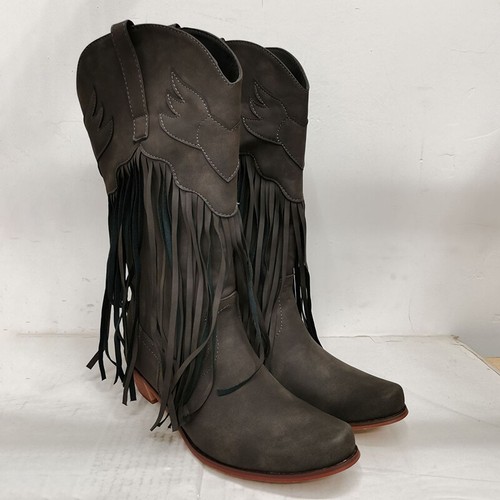 Mujeres Botas Largas Borla Media Pantorrilla Retro Informales Estilo Vaquero Botas Tacón Bajo Cubano - Imagen 73 de 74
