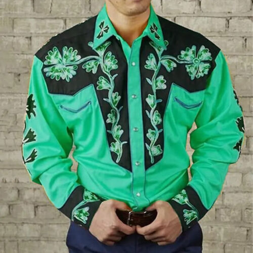 Camicia Uomo Floreale Leopardo Manica Lunga Western Denim, Outdoor Casual Party Shirt - Foto 26 di 35