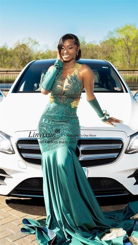 Vestido de fiesta con cuentas de cristal negro de sirena verde africano brillante para niñas - Imagen 3 de 5