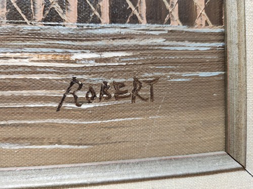 Pintura al óleo enmarcada sin título de "Robert" - puerto náutico muelles barcos gaviotas - Imagen 3 de 4
