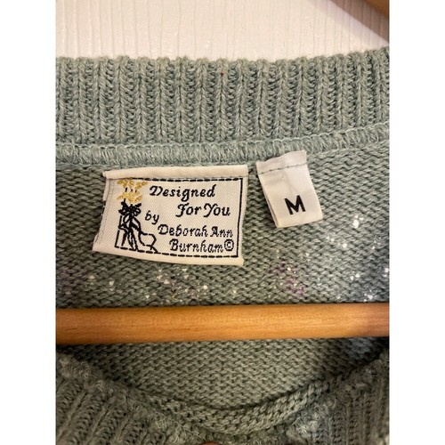 Vintage Cotton Grandma Knit Sweater Floral Detail Sage Green M Sweet Layer - Picture 3 of 6