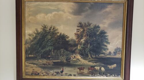 Antique Folk Art Farm Landscape Trees, Cows & Cottage Oil on Canvas Painting - Picture 3 of 12