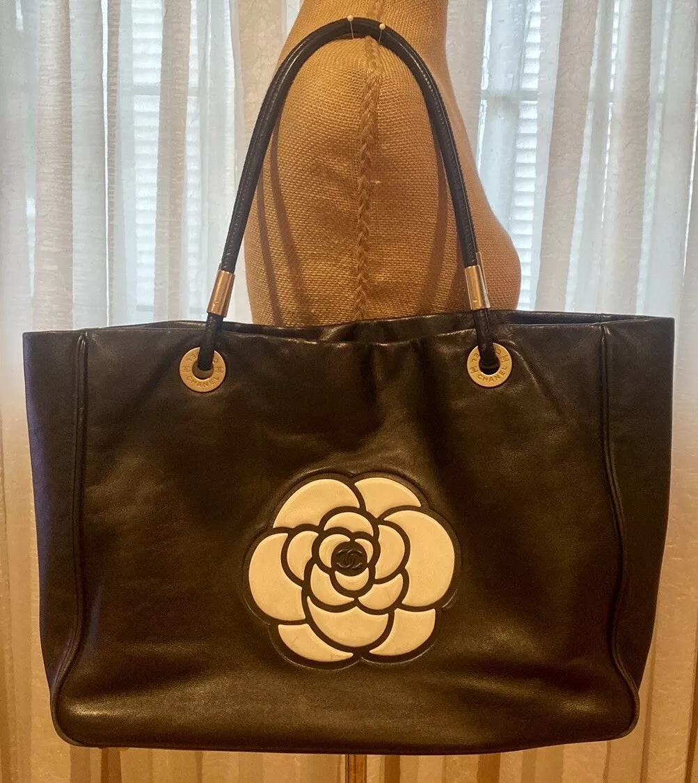 CHANEL Camellia Tote Bag leather Black Used Women CC Coco logo measurements 20