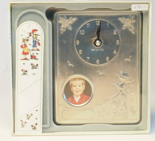 CLOCK Pewter BOY Picture-Frame BIRTHDAY Birth engraving NORWAY, JUNGHANS QUARTZ - Picture 2 of 3