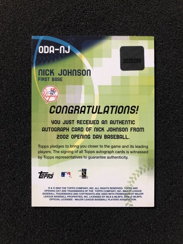 2002 Topps Opening Day NICK JOHNSON ODA-NJ Autograph Issue MLB BASEBALL CARD - Picture 4 of 6