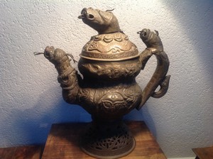 Antique Chinese Bronze / Brass Dragons & Foo Dogs Wine Warmer