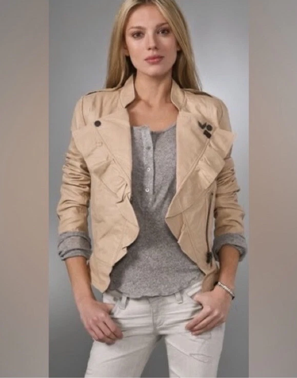 Chaqueta para mujer William Rast 100 % cuero con volantes recortada Moto S motociclista beige Foto 3 de 4