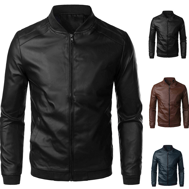 Mens Faux Leather Jacket Slim Fit Zipper Motor Business Lapel Casual Party  Coat