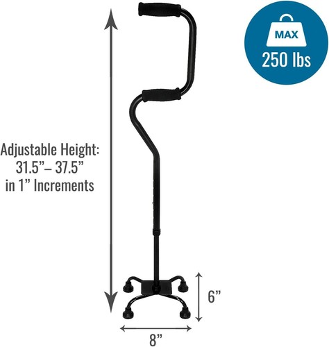 Quad Base Walking Cane for Enhanced Support - Adjustable Height 31.5-37.5in - Picture 8 of 9
