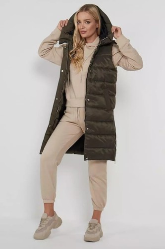 WOMEN'S LONG LINE HOODED PUFFER PADDED GILET JACKET VEST TOP BODY WARMER Sz M - Picture 3 of 8