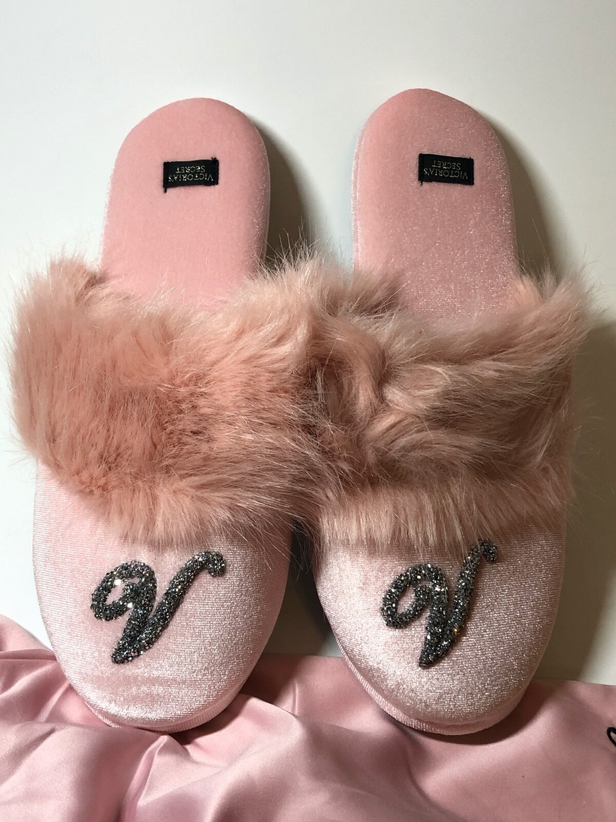 NWT VICTORIA&#039;S PINK FAUX FUR TRIM FURRY COZY SLIPPERS MEDIUM eBay