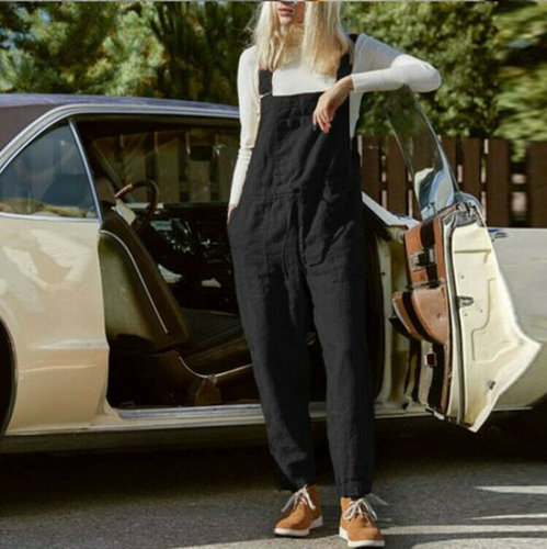 Ladies Womens Cotton Linen Dungarees Overalls Tie-waist Pockets Solid Jumpsuit - Picture 8 of 26