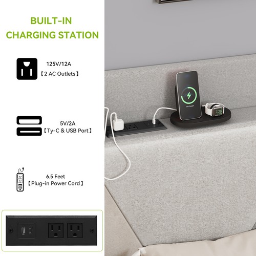 King Bed Frame Upholstered Platform w/ Storage Linen Headboard+Type-C&USB Ports - Picture 3 of 6