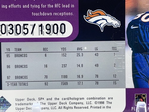 1998 cubierta superior SPx espectro finito #29 Rod Smith #d/1900 Denver Broncos - Imagen 3 de 3