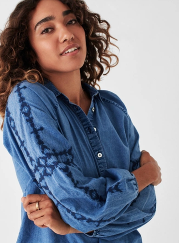 Faherty x Doug Good Feather The Journey Top Embroidery Chambray Blue Sz L - Picture 3 of 11